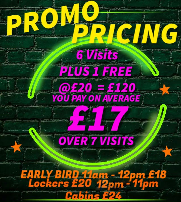 Promo Pricing at Steamworks Sauna: 6 visits plus 1 free @£20 = £120. You pay on average £17 over 7 visits.